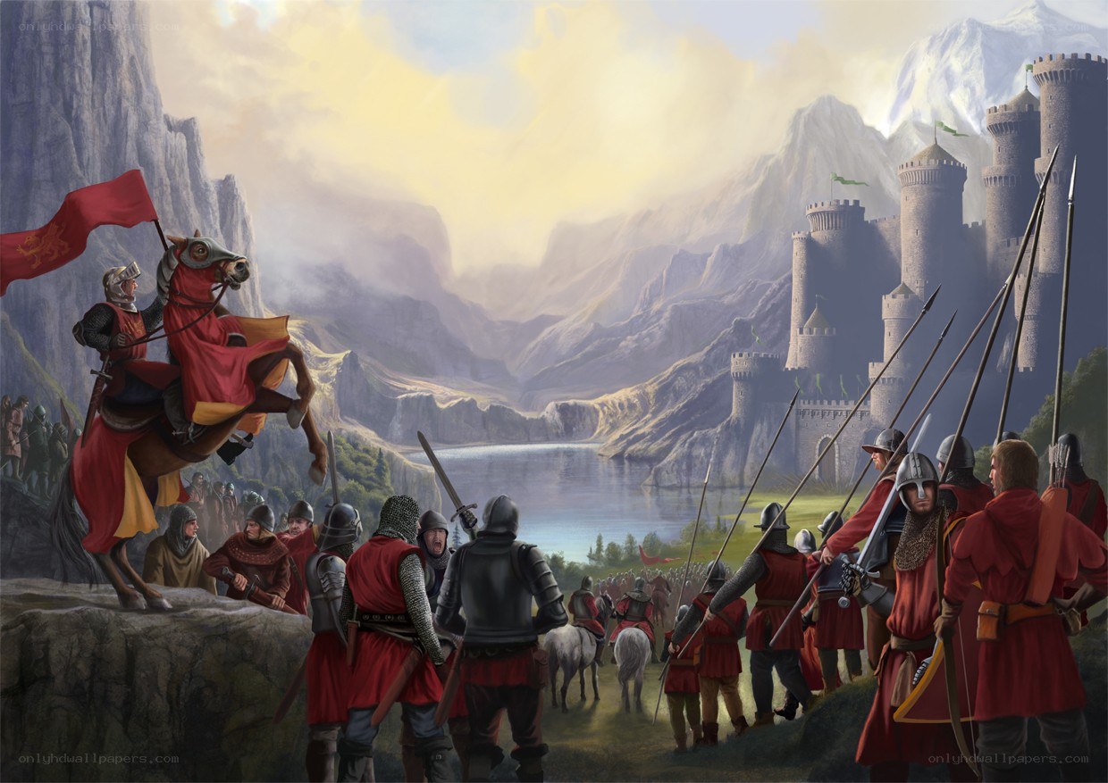 Medieval army marching to castle