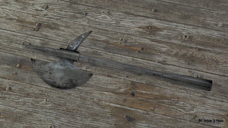 Medieval battle axe on wood