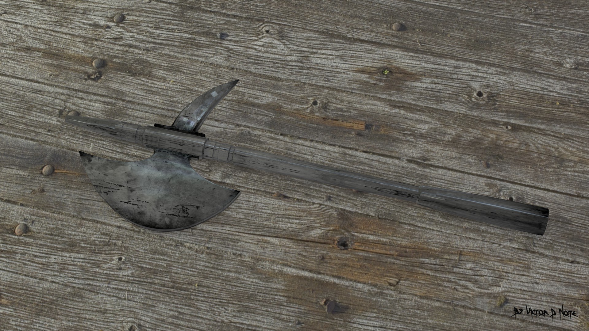 Medieval battle axe on wood