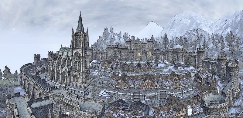 medieval castle in snowy mountains
