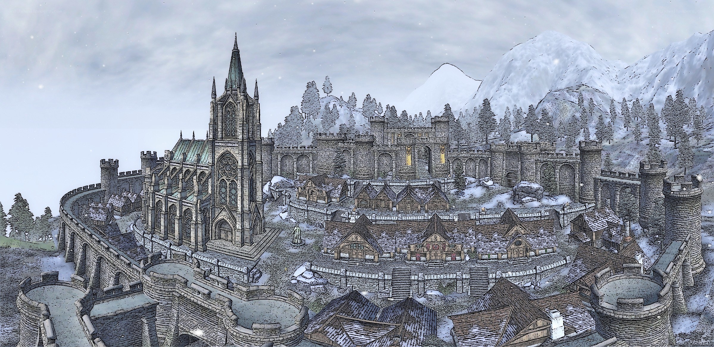 medieval castle in snowy mountains