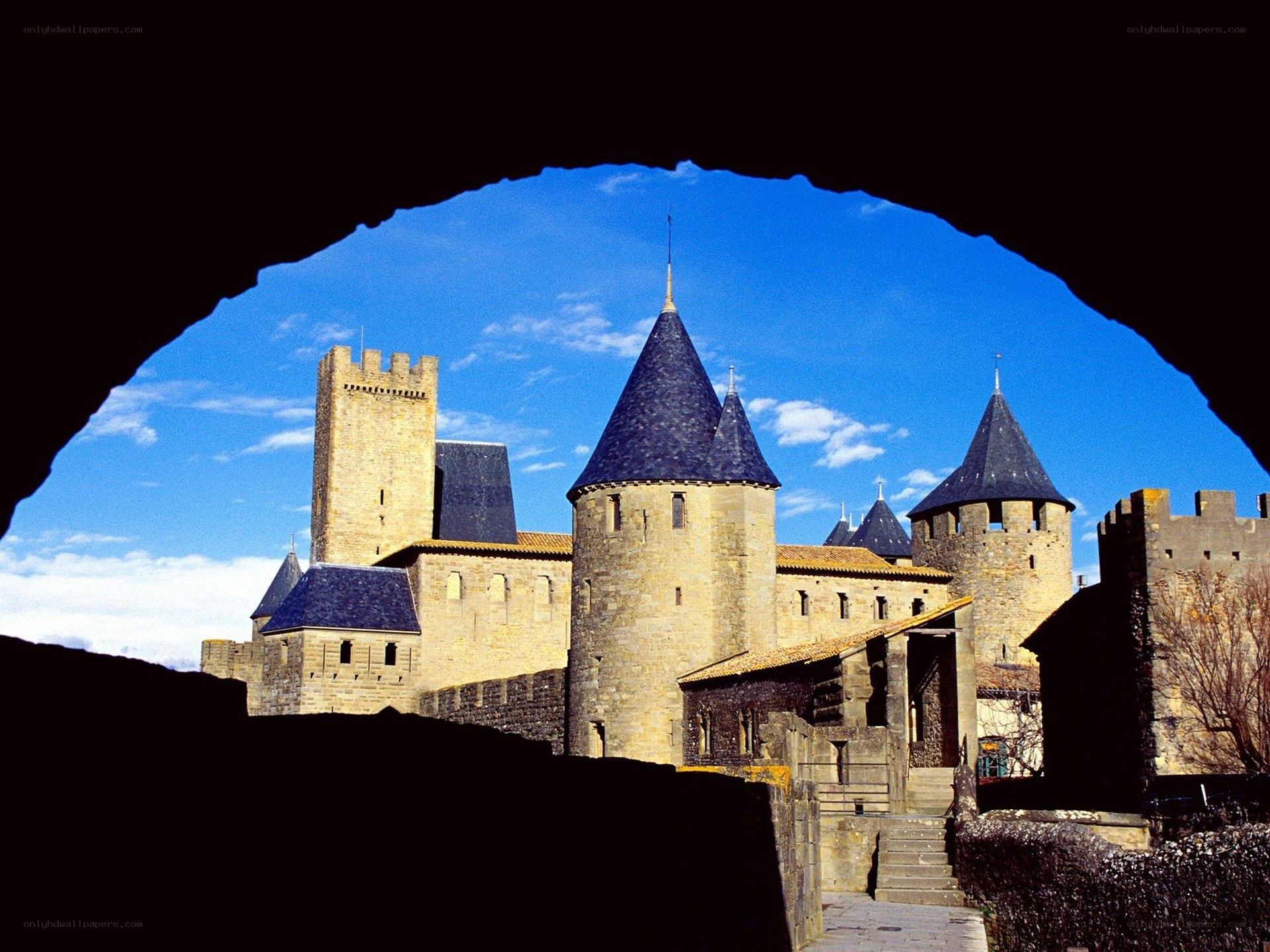 medieval castle through archway