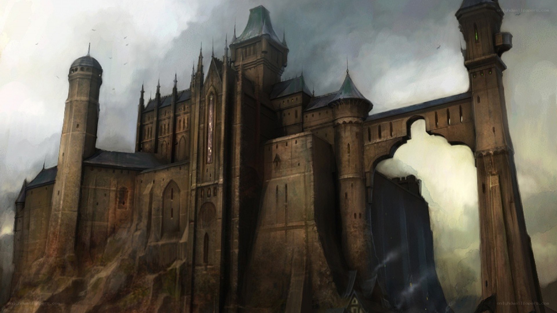 Medieval castle under stormy sky