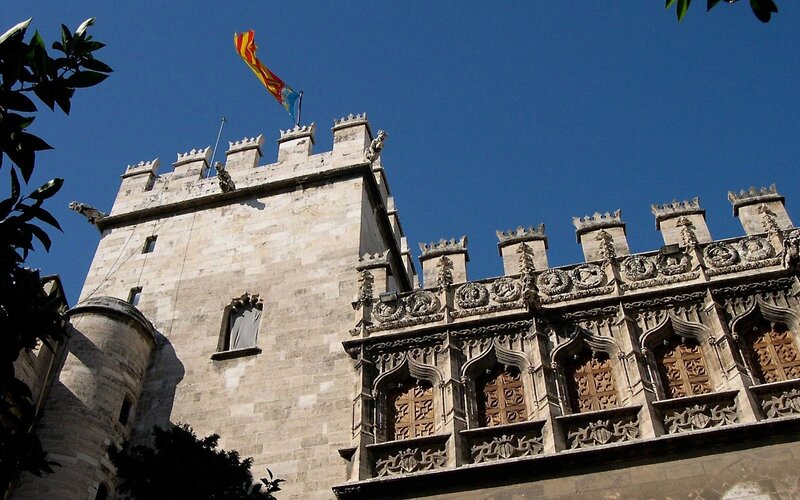 Medieval castle with Catalan flag