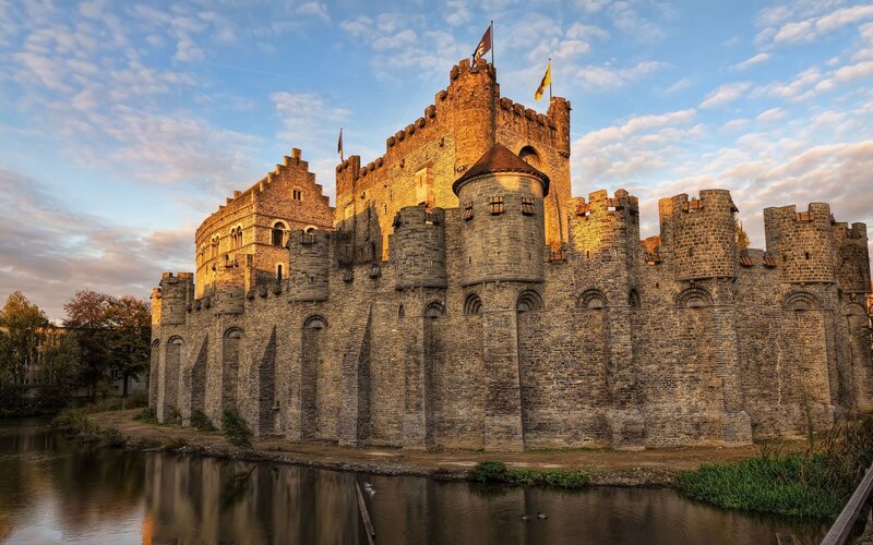 Medieval Castle with Moat — Gray, Dramatic, Sunset, Photograph