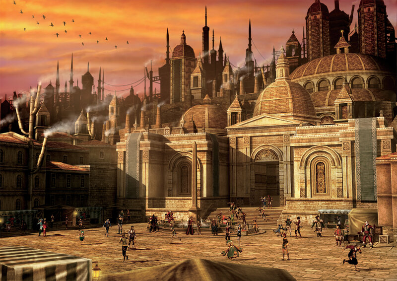 Medieval city at sunset