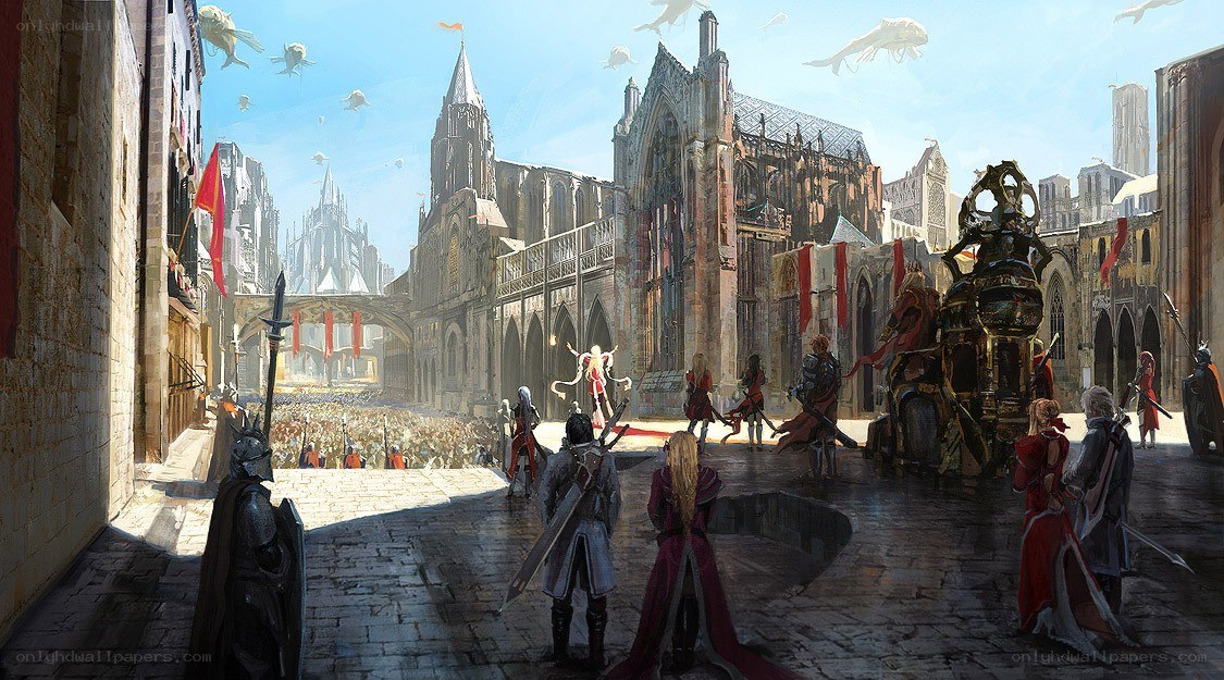 Medieval city square with knights