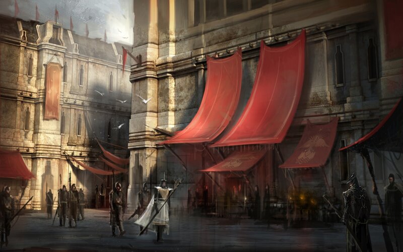 Medieval city square with red banners