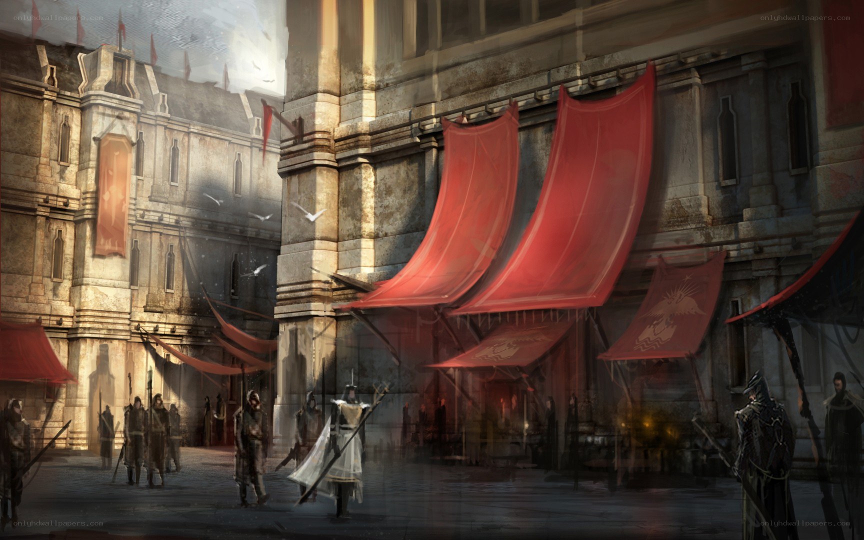 Medieval city square with red banners