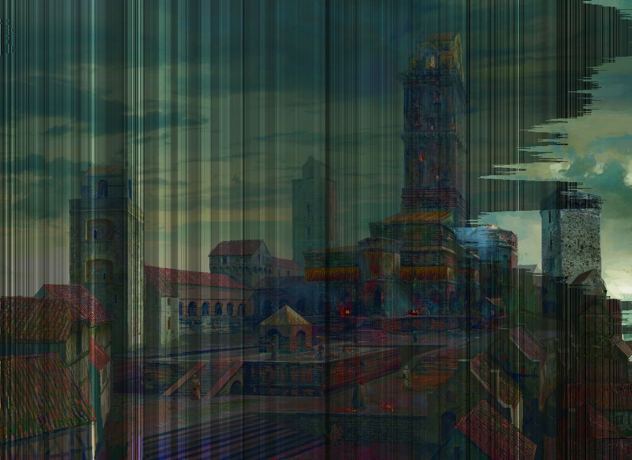 Medieval city with glitch effects