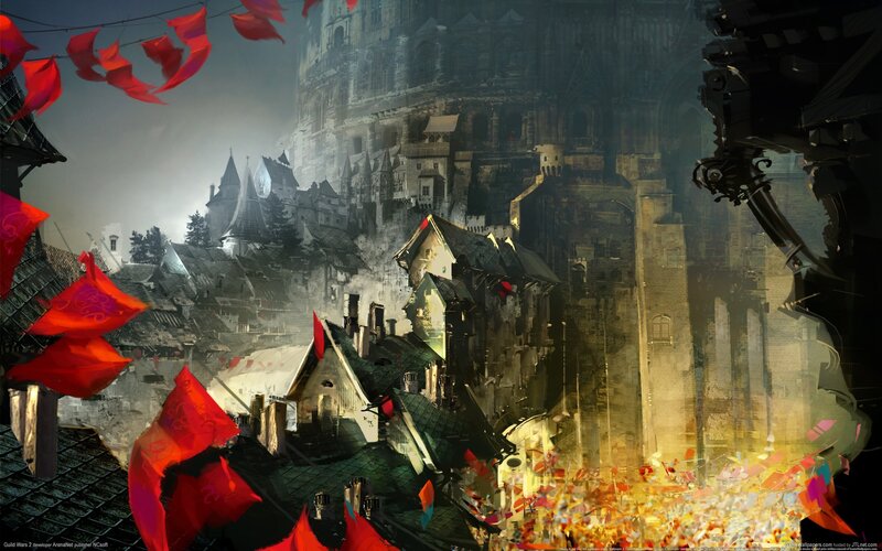Medieval city with red flags