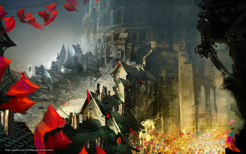 Medieval city with red flags