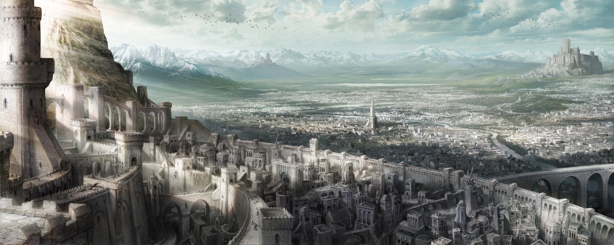 Medieval cityscape with mountains