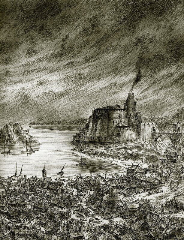 Medieval coastal town illustration