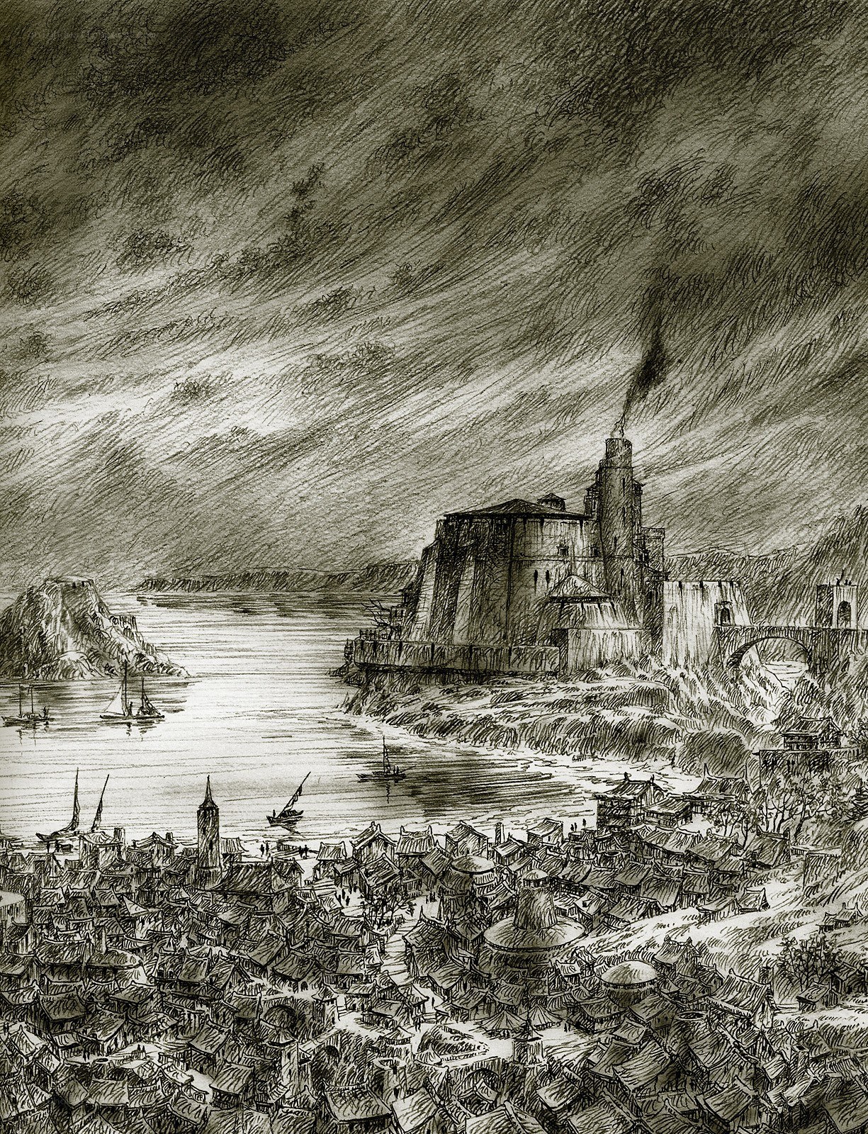 Medieval coastal town illustration