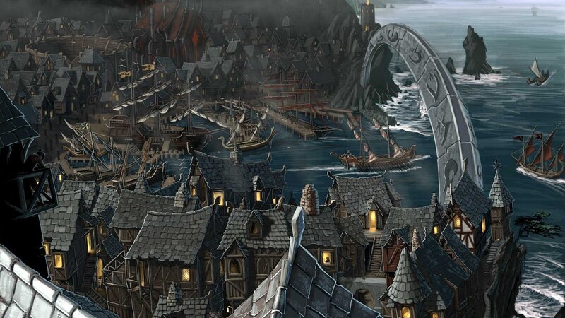 Medieval coastal town with stone arch