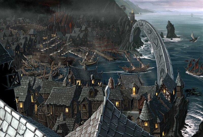 Medieval coastal town with stone arch