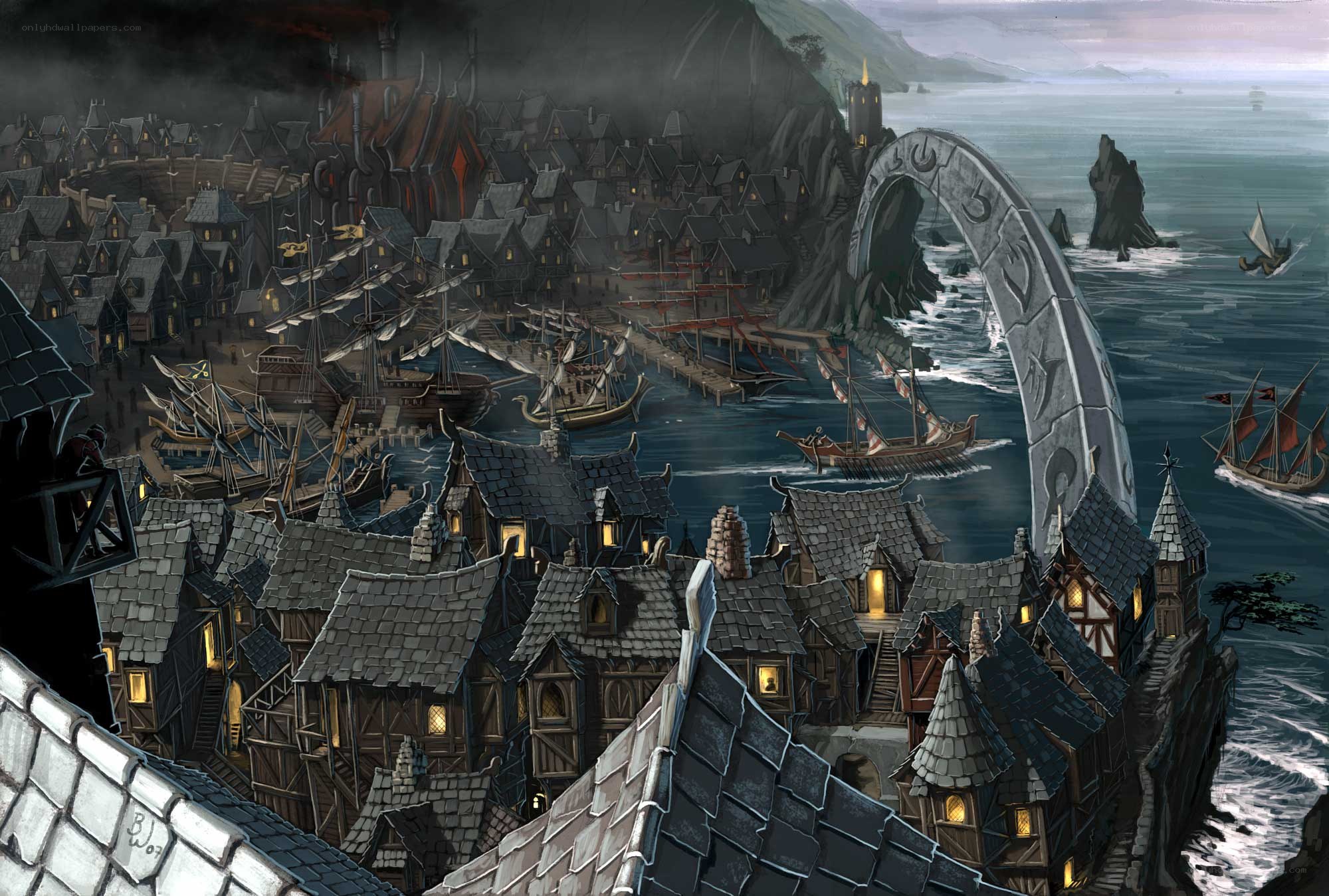 Medieval coastal town with stone arch