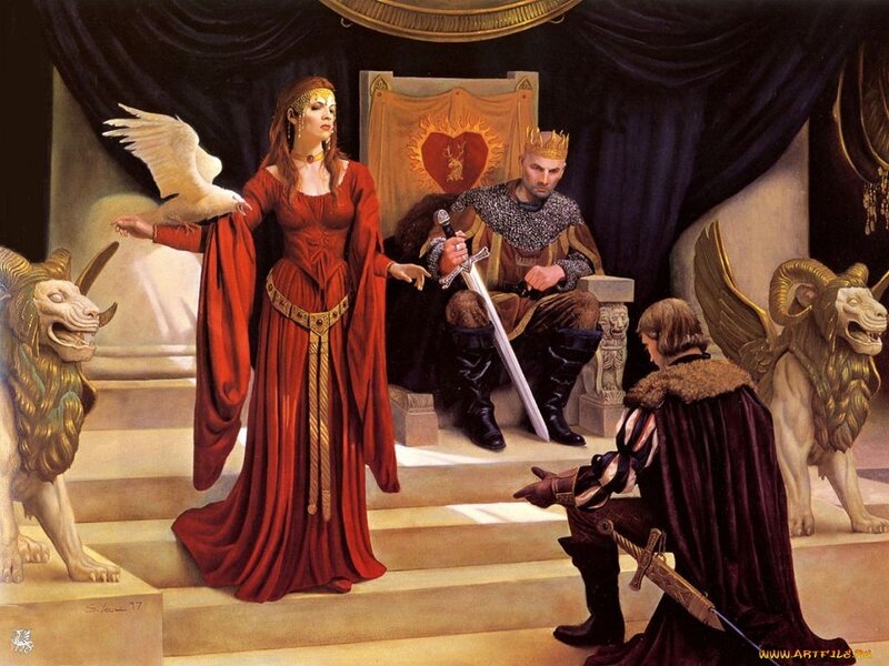 Medieval court scene with queen and king