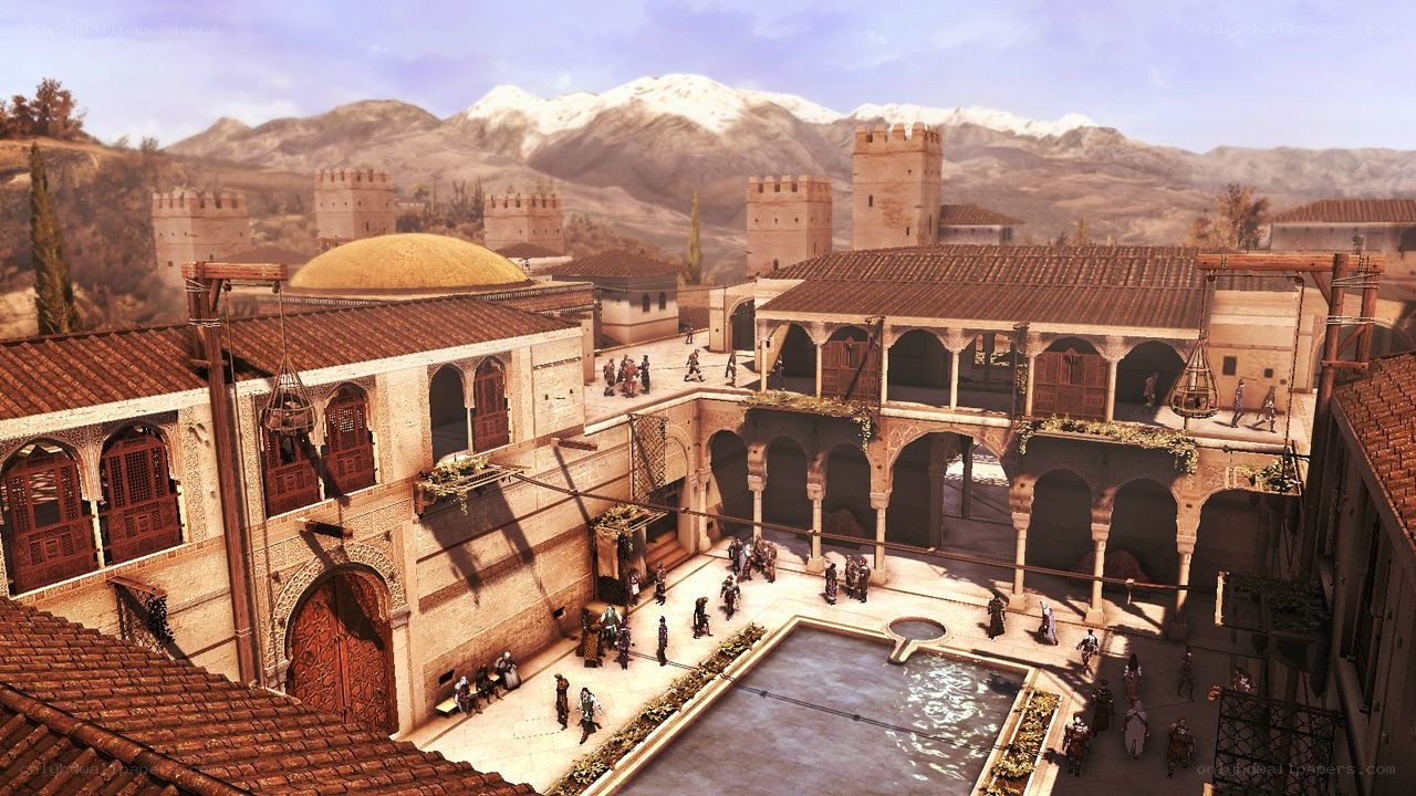Medieval courtyard with mountains