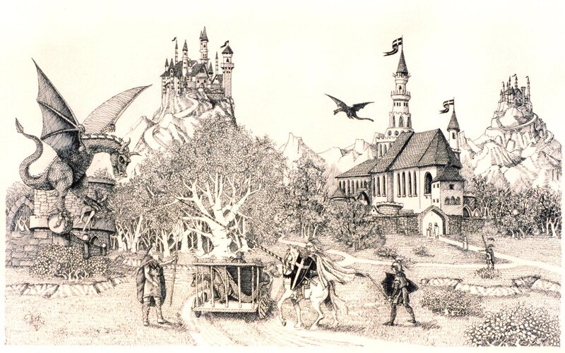 Medieval fantasy landscape with dragons