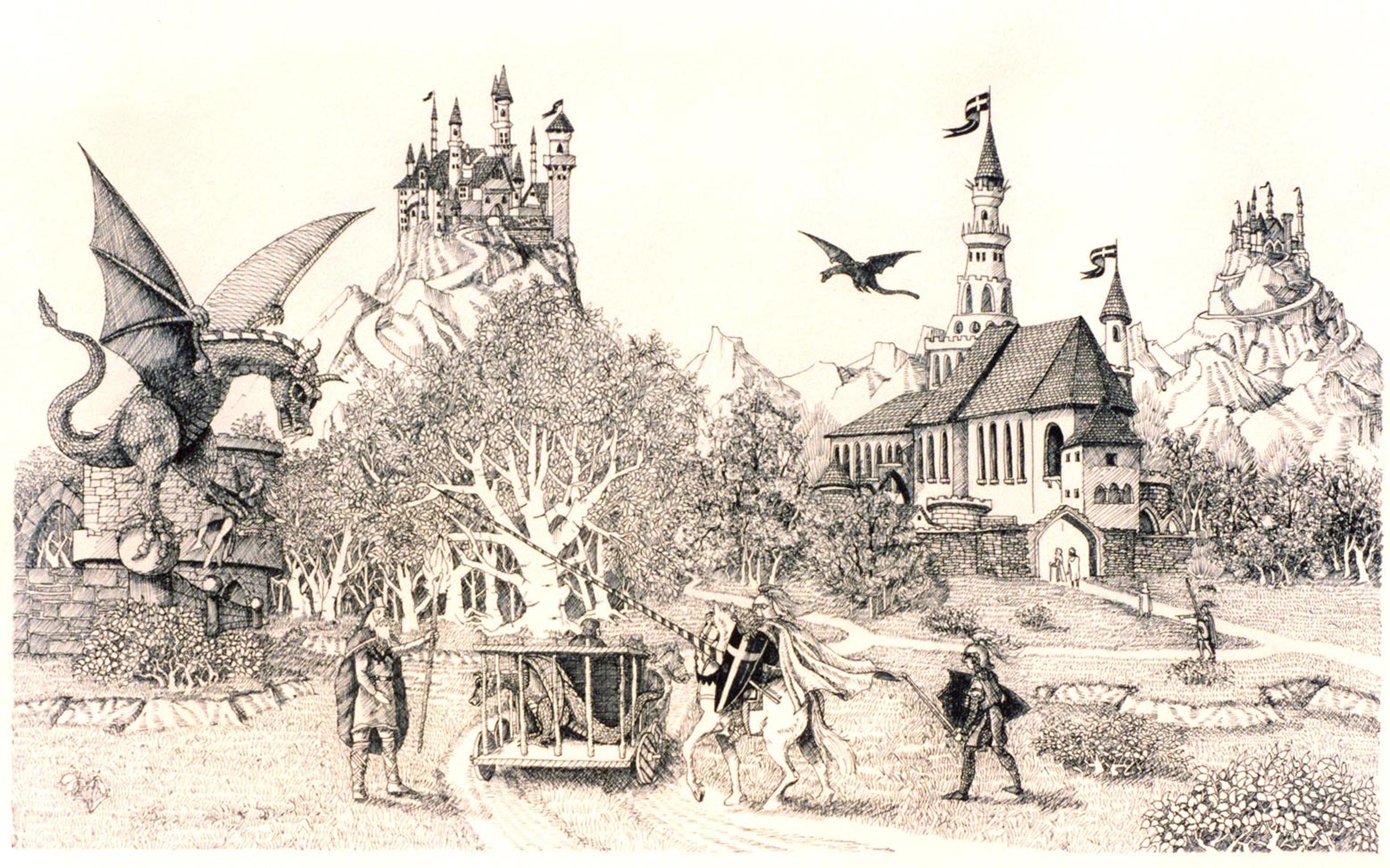 Medieval fantasy landscape with dragons