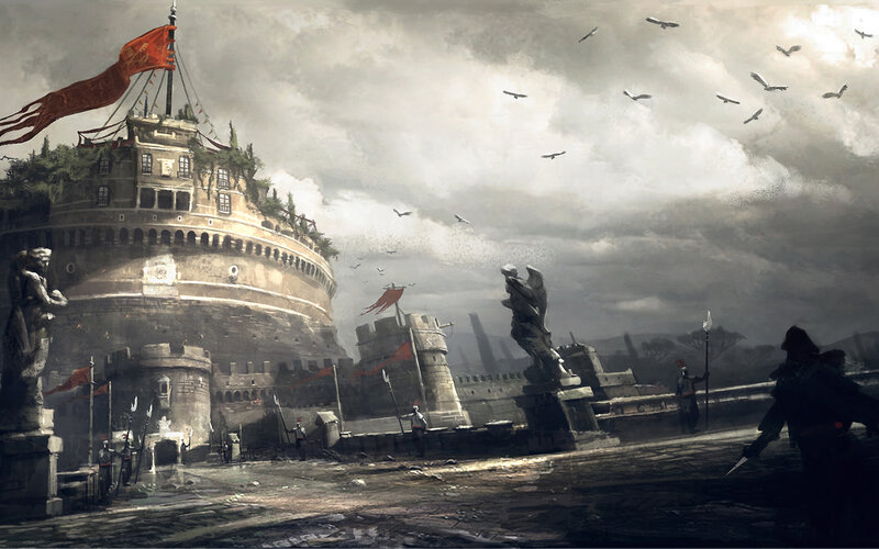 Medieval fortress under stormy sky
