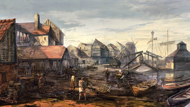 Medieval Harbor Scene