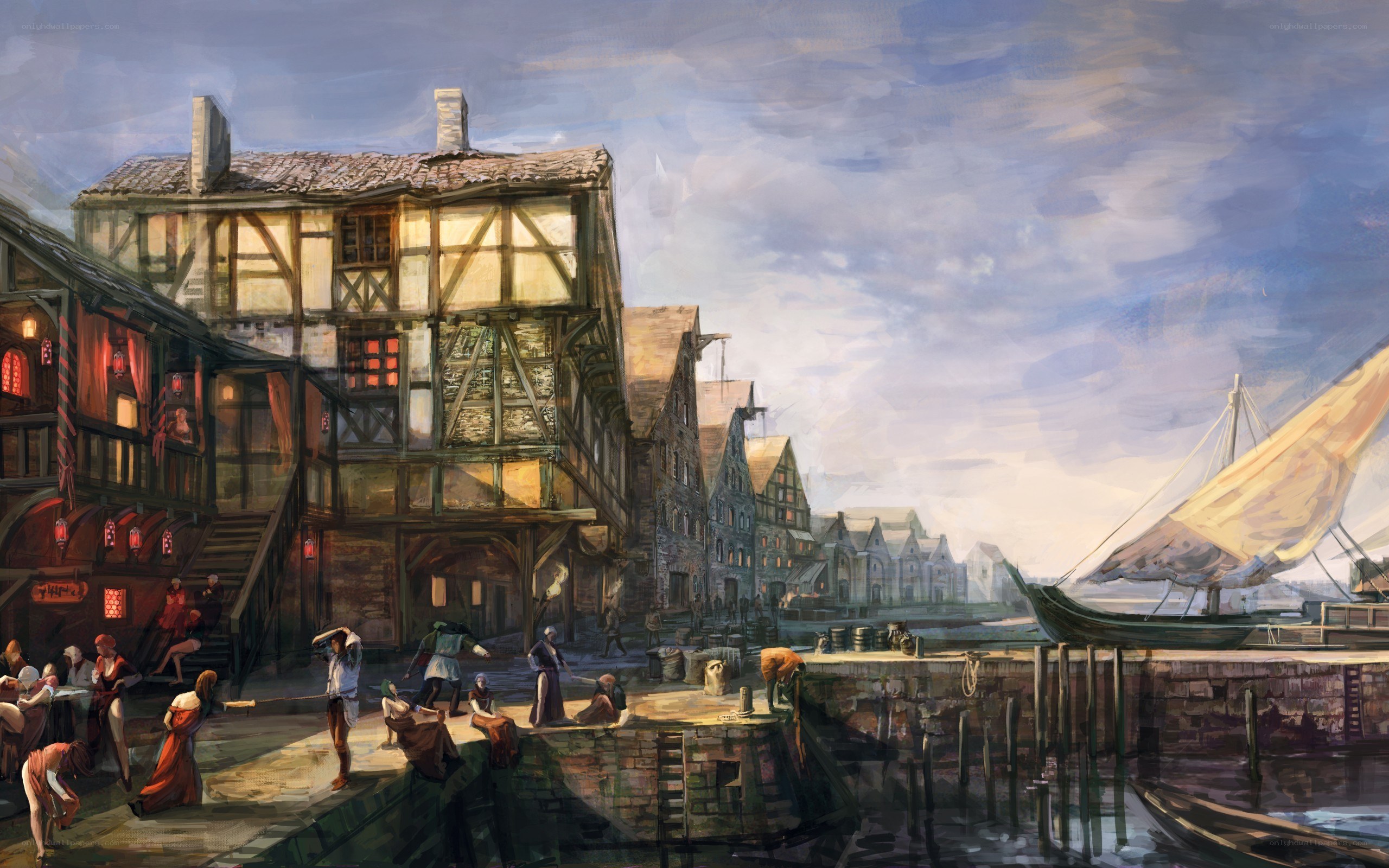 Medieval harbor town scene