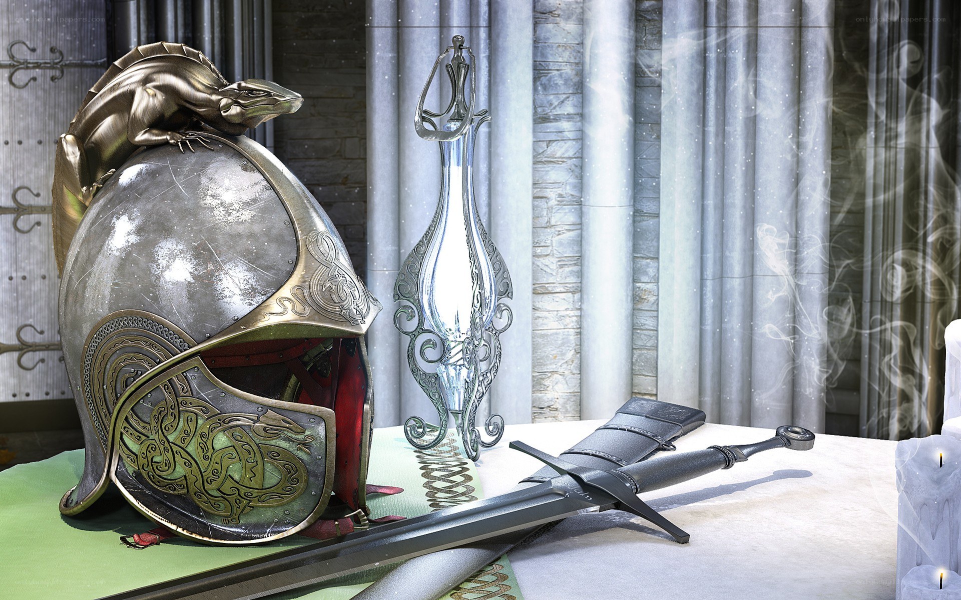 Medieval helmet and sword