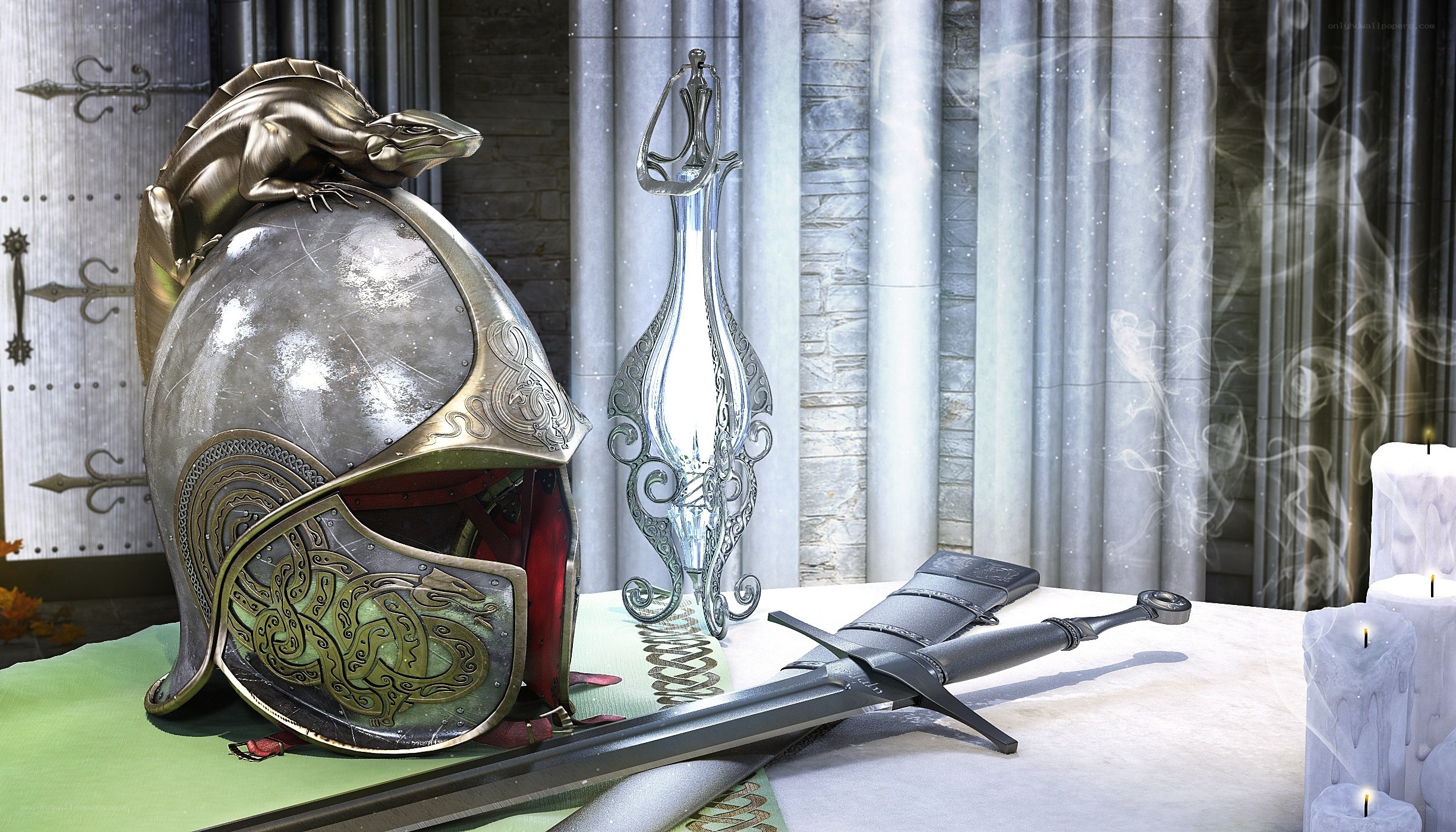 Medieval helmet and sword