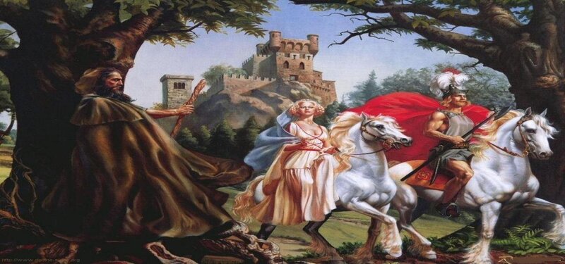 Medieval knight and lady on horseback