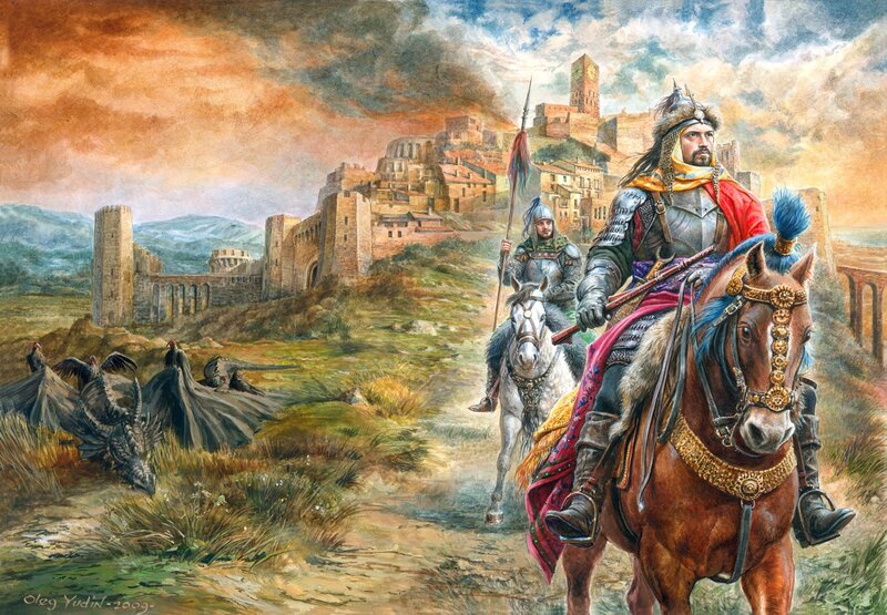 Medieval knights approach a castle