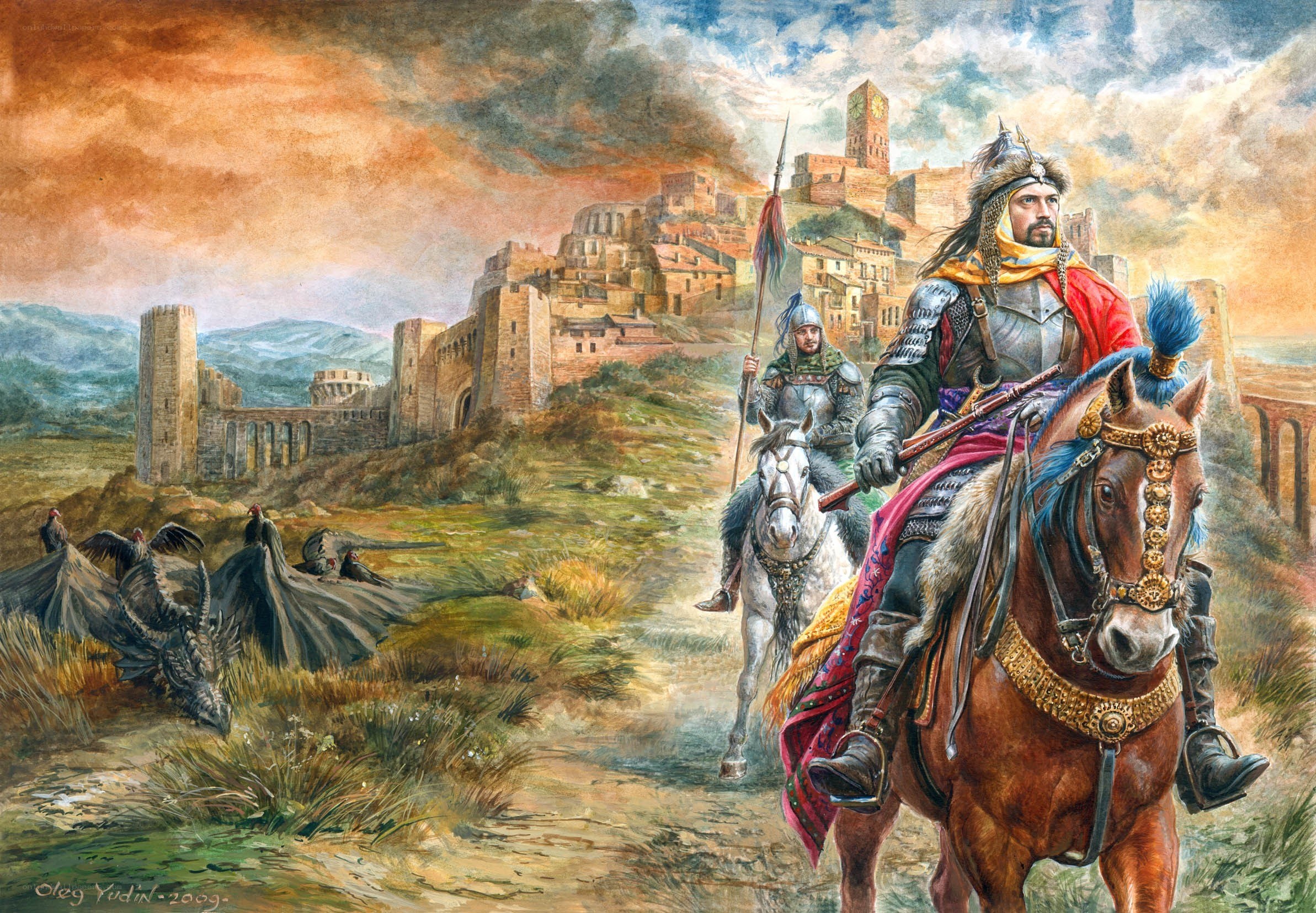 Medieval knights approach a castle