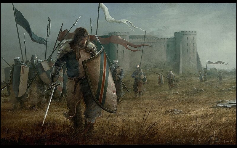 Medieval knights approaching castle