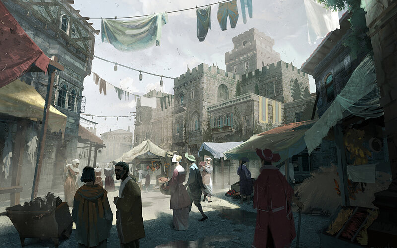 Medieval market street scene