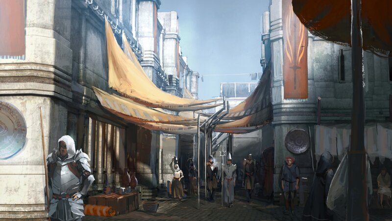 Medieval market street scene