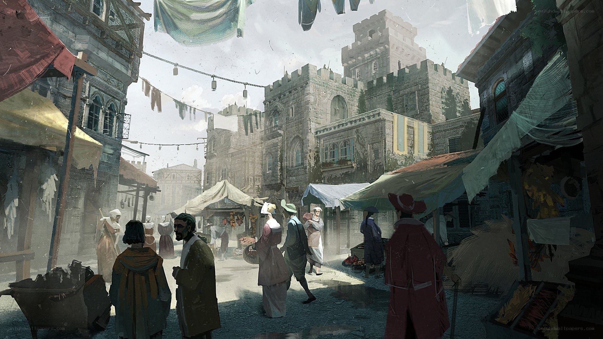 Medieval market street scene