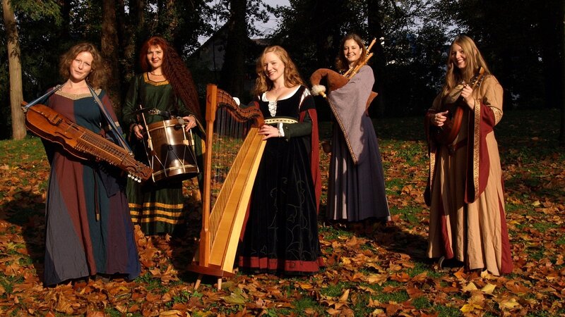 Medieval musicians in autumn