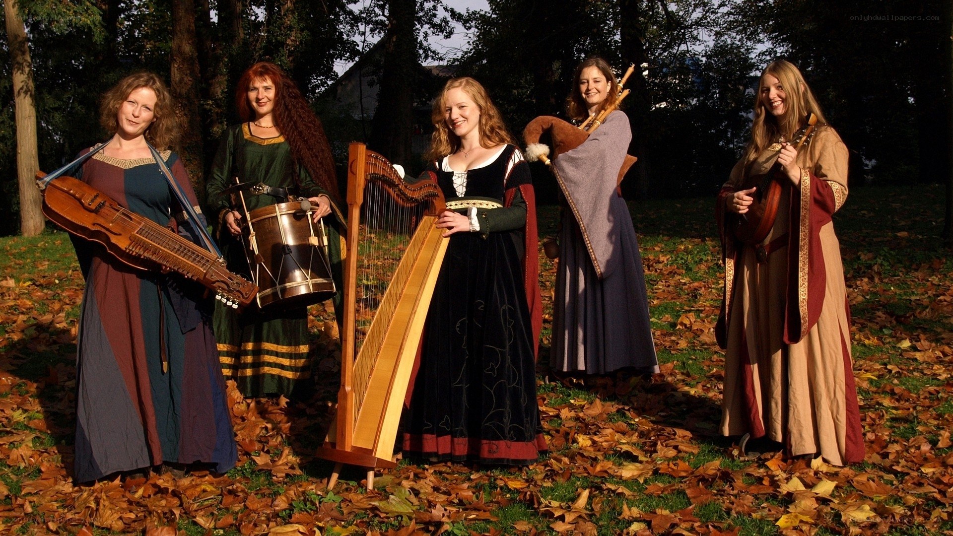 Medieval musicians in autumn