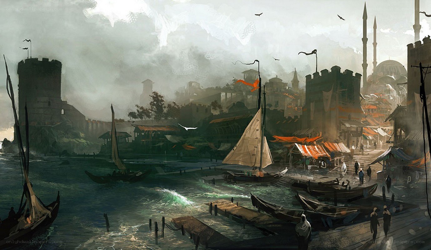 Medieval port city scene