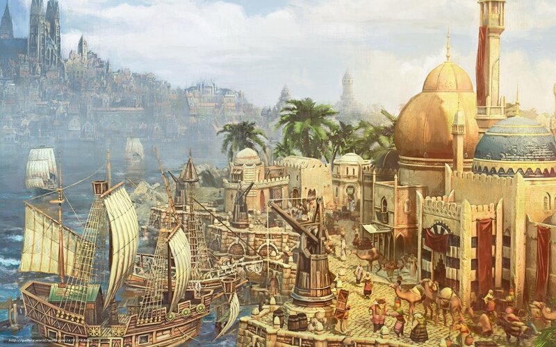 Medieval port city scene