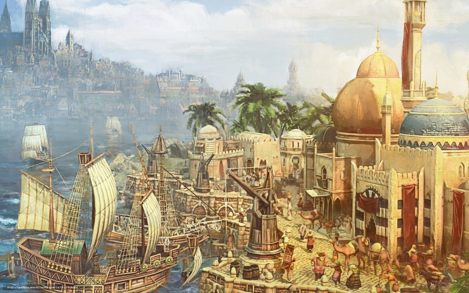 Medieval port city scene