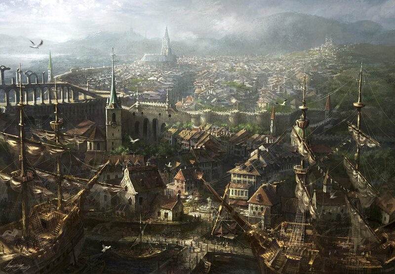 Medieval port city view