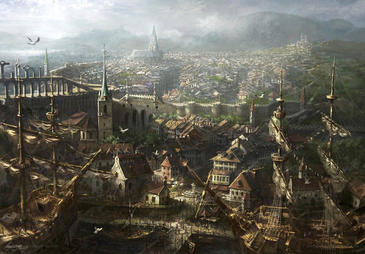 Medieval port city view