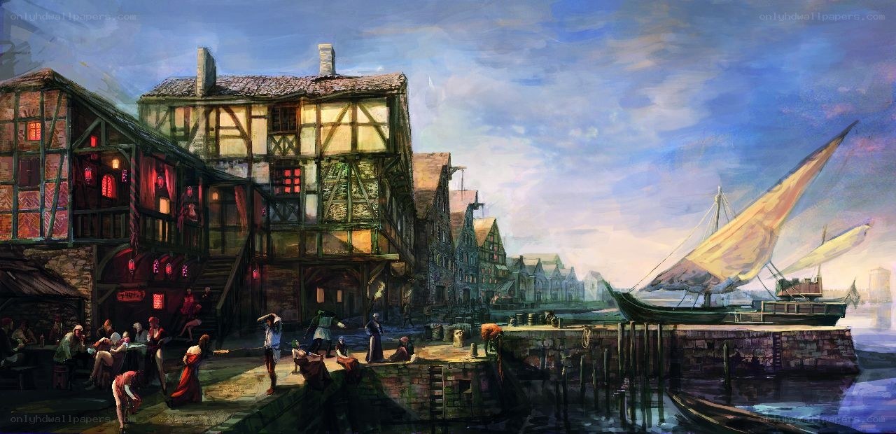 Medieval port town scene