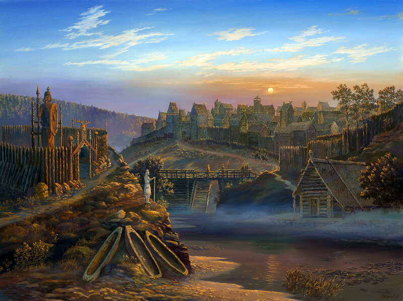 Medieval river fortress at dawn