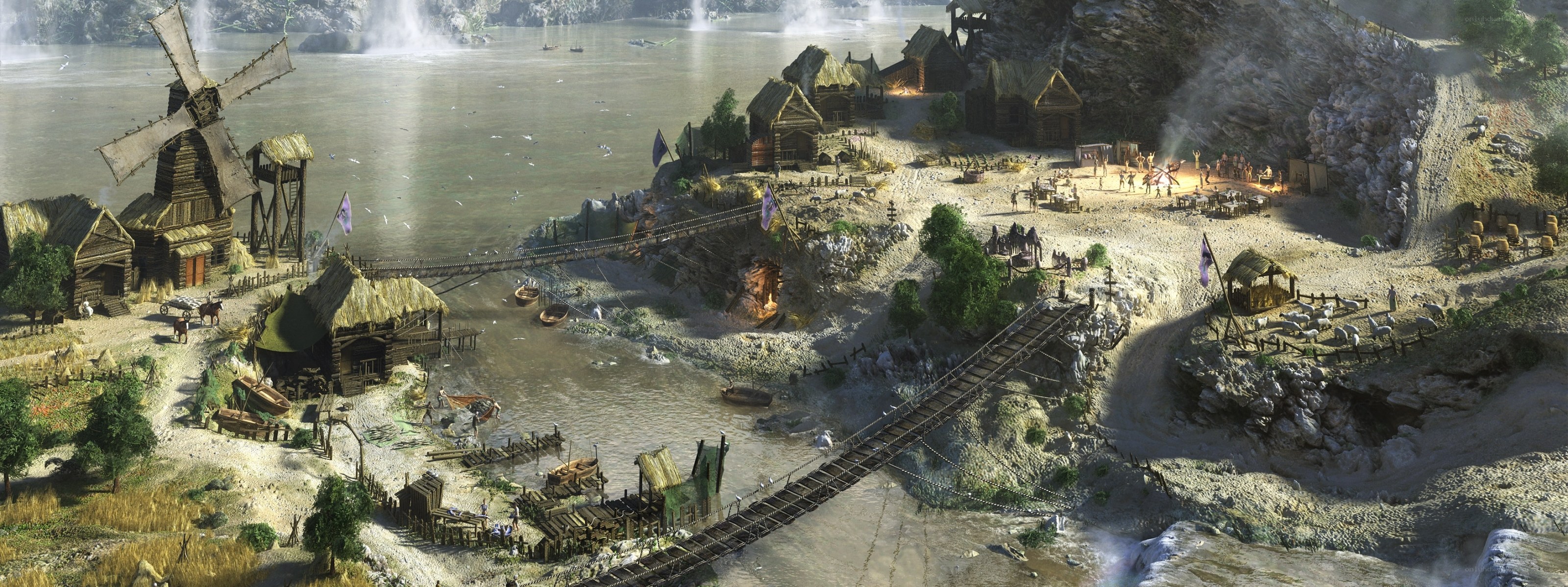 medieval river village scene