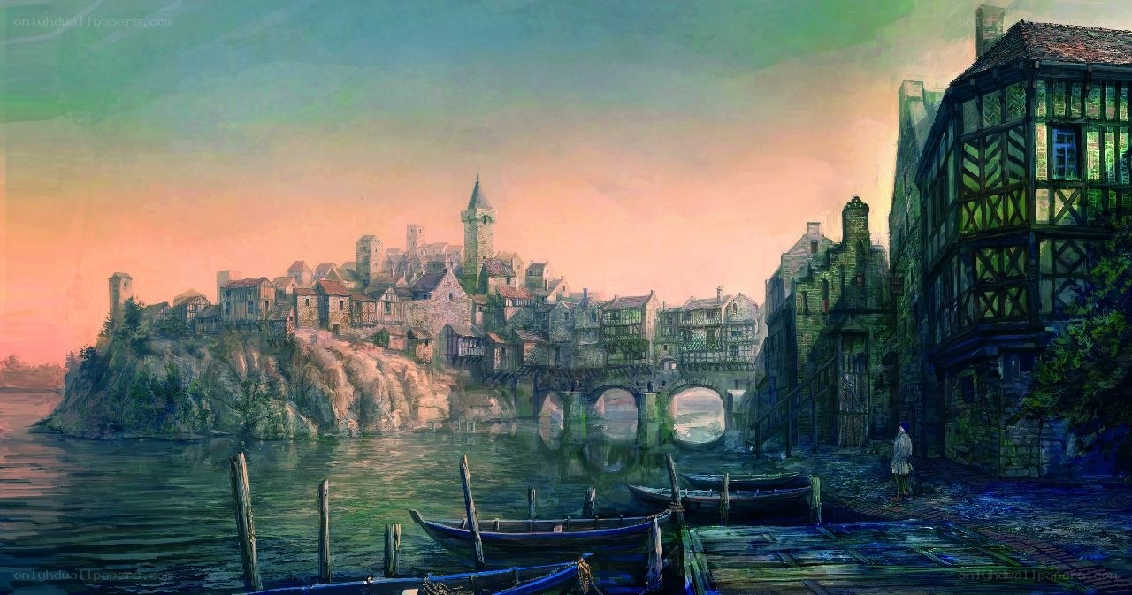 medieval riverside town at dusk
