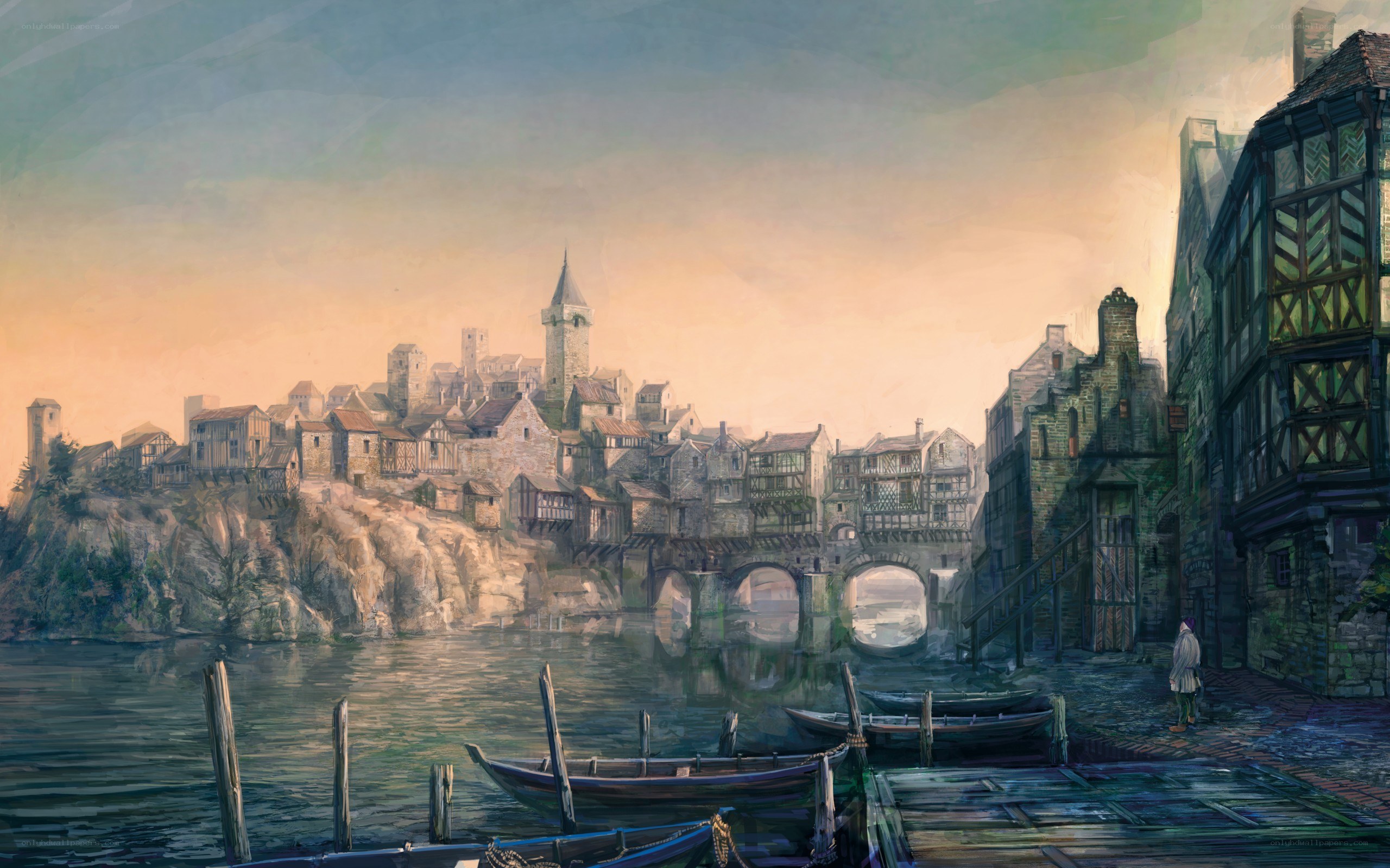 medieval riverside town at dusk